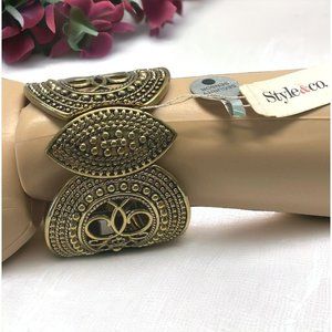 Bronze Tone Bracelet Stretch Chunky Art Deco Textured Filagree Style & Co